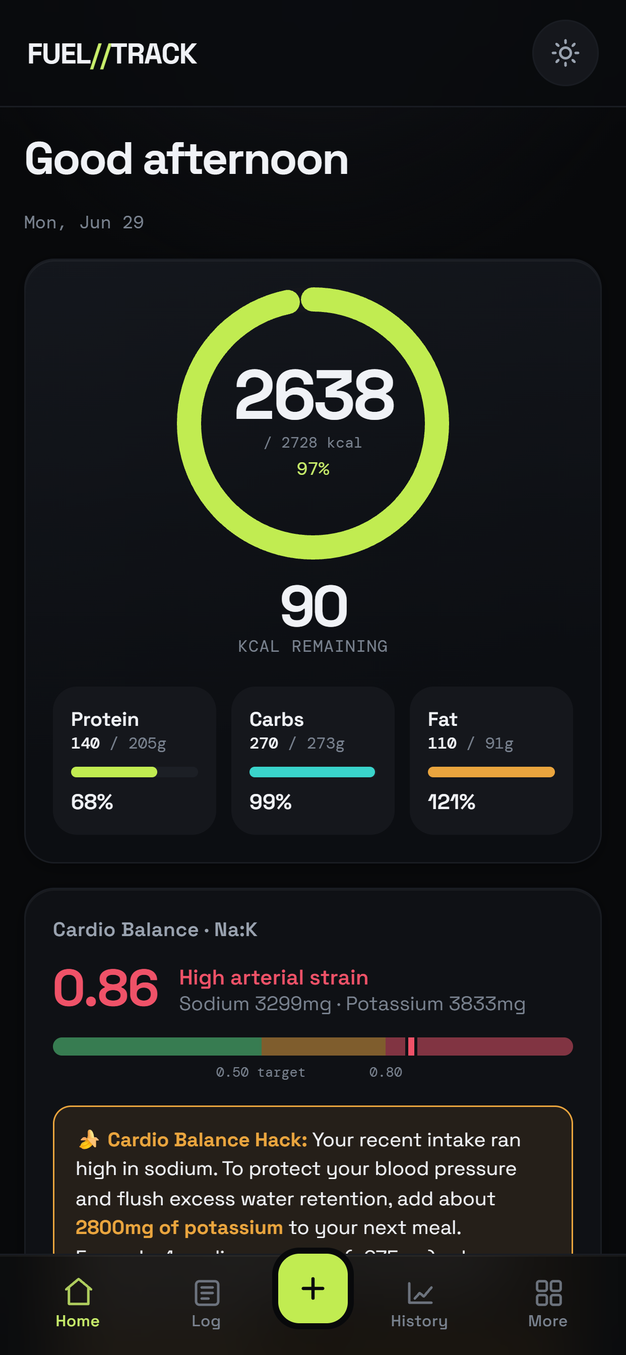 FUEL//TRACK dashboard showing calories, macros and a daily insight