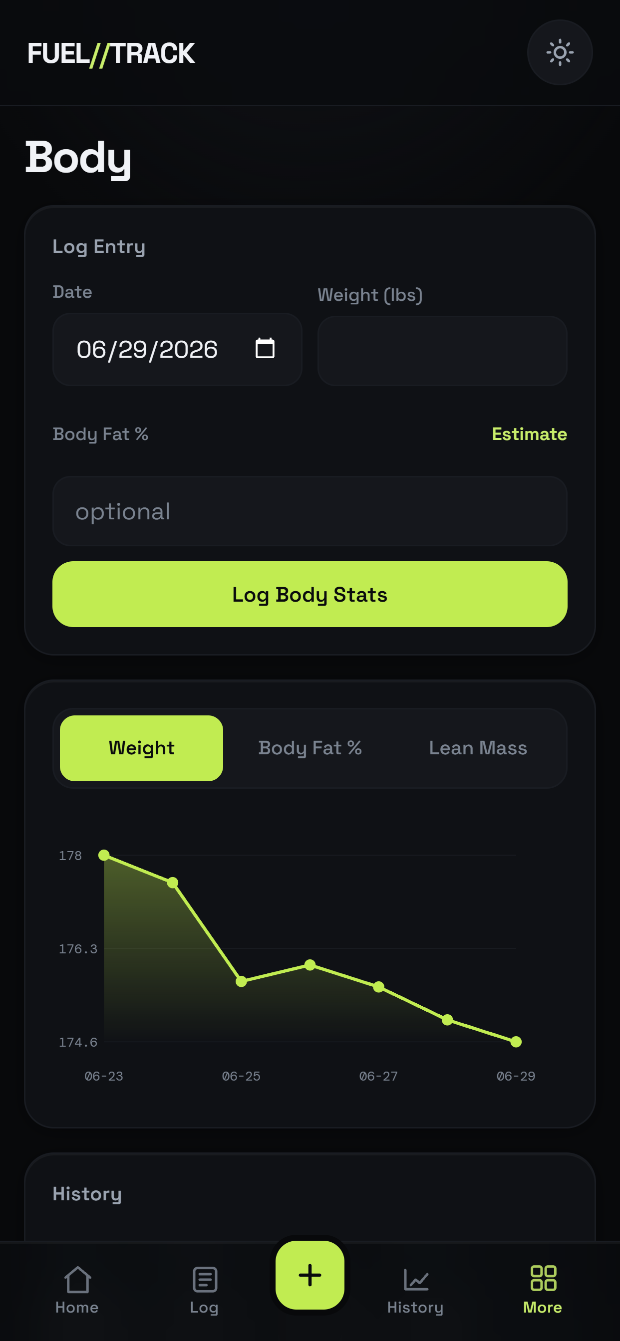 Body tracking with weight and measurement history