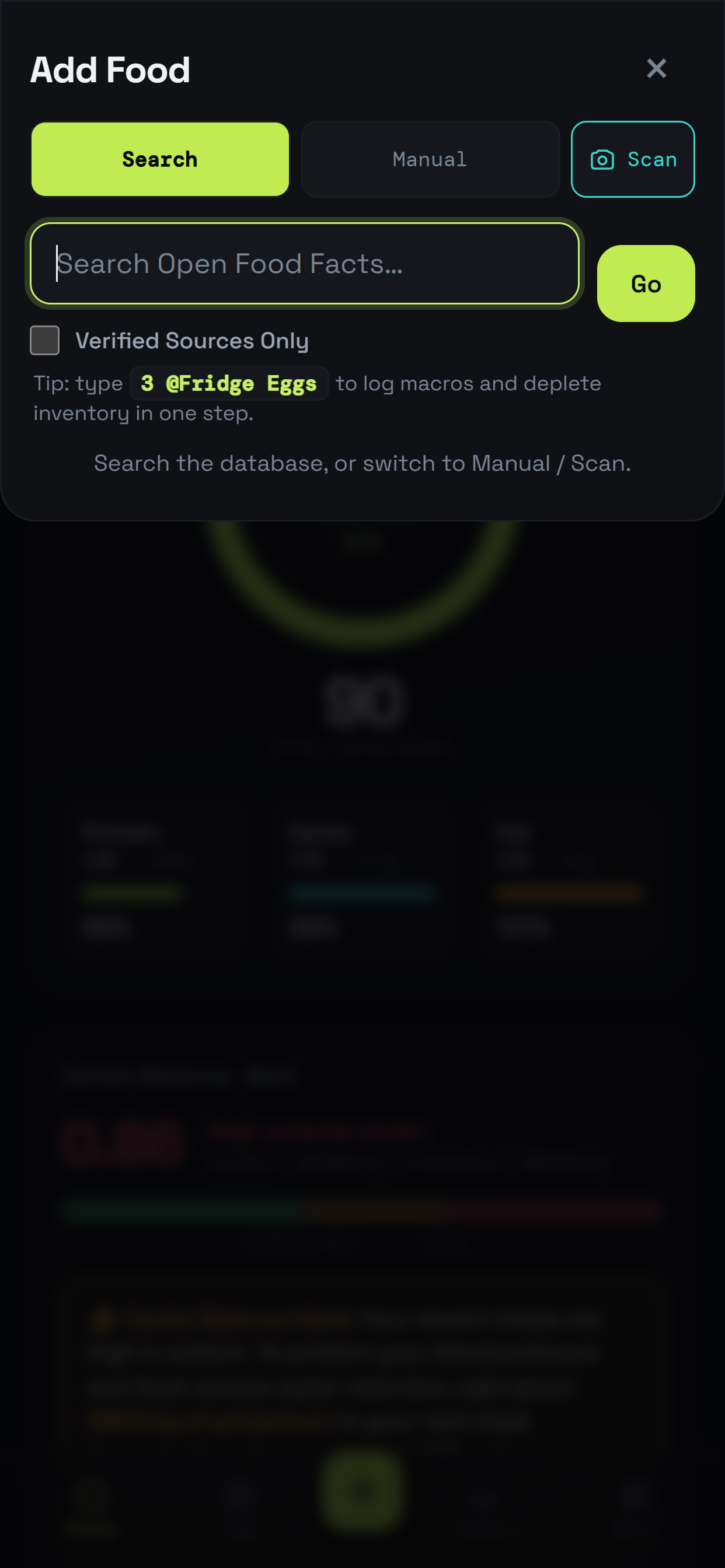 Add food by search, scan or manual entry